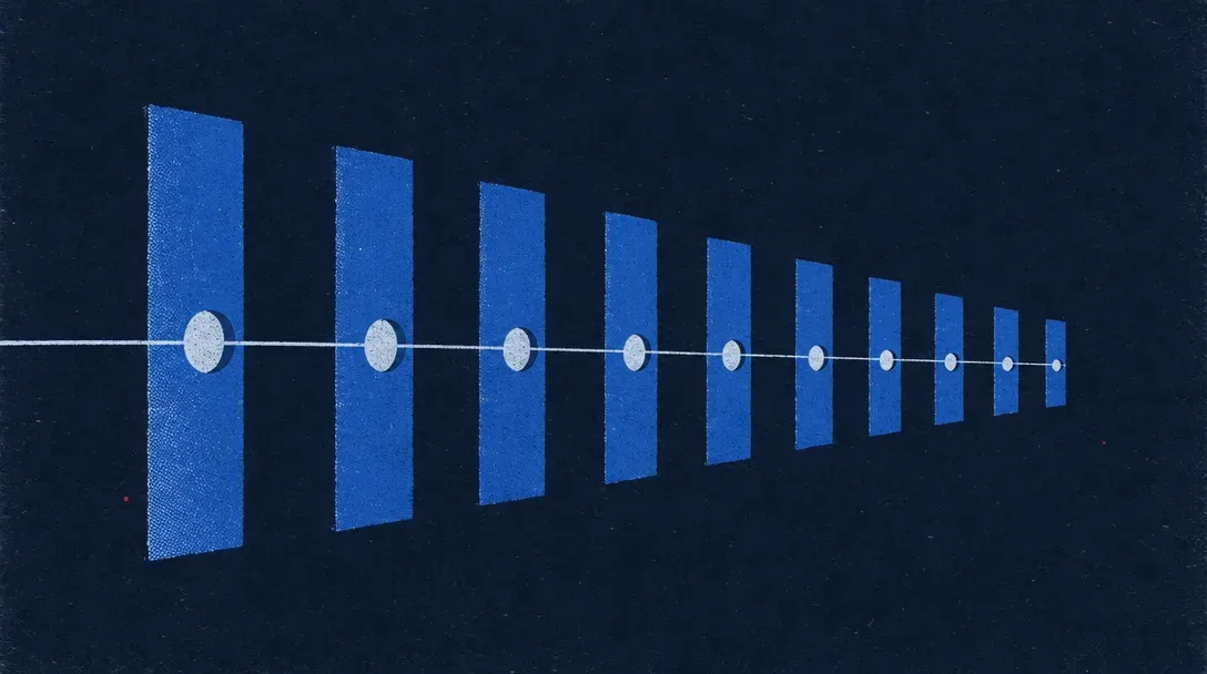 A row of upright panes with one line threaded through all of them