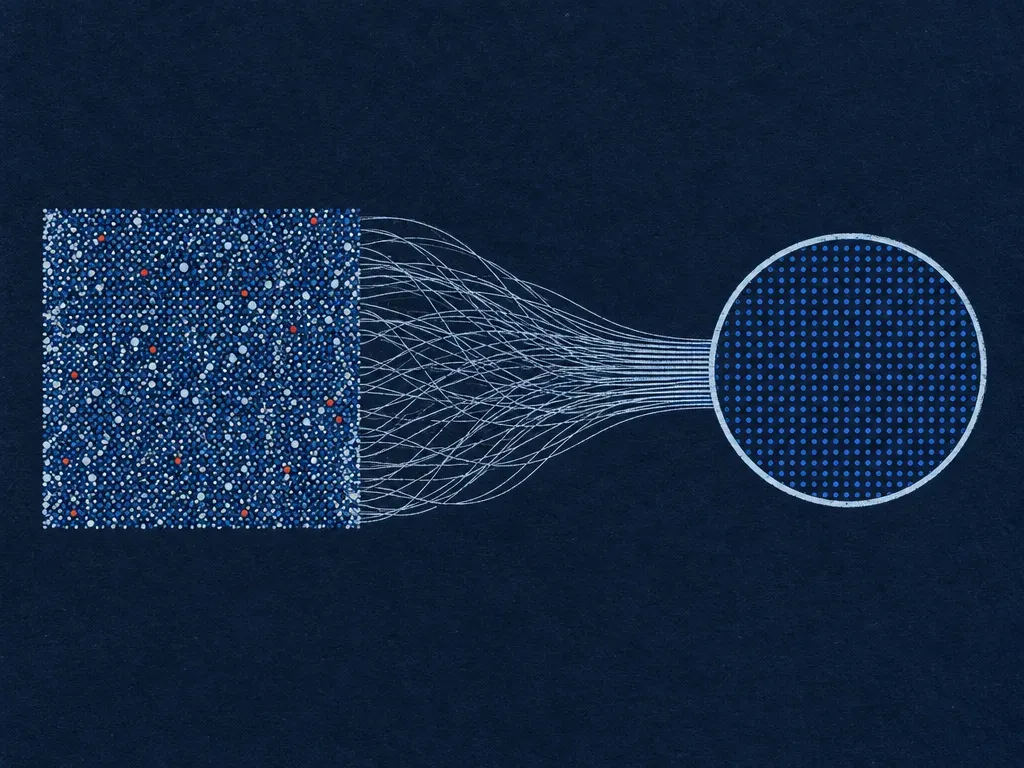 Scattered dots gathered by fine lines into one clean circle